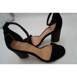Gianni Bini Black Suede Ankle Strap Sandals Gold Studded Block Heels Size 8.5 M